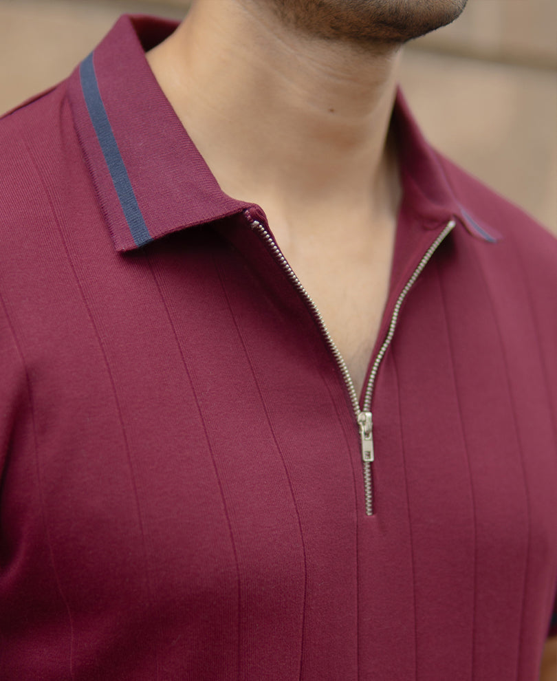 Maroon Knit Zipper T-Shirt