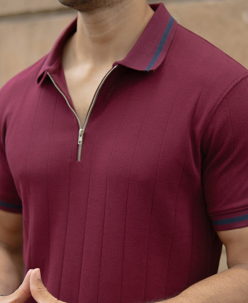 Maroon Knit Zipper T-Shirt
