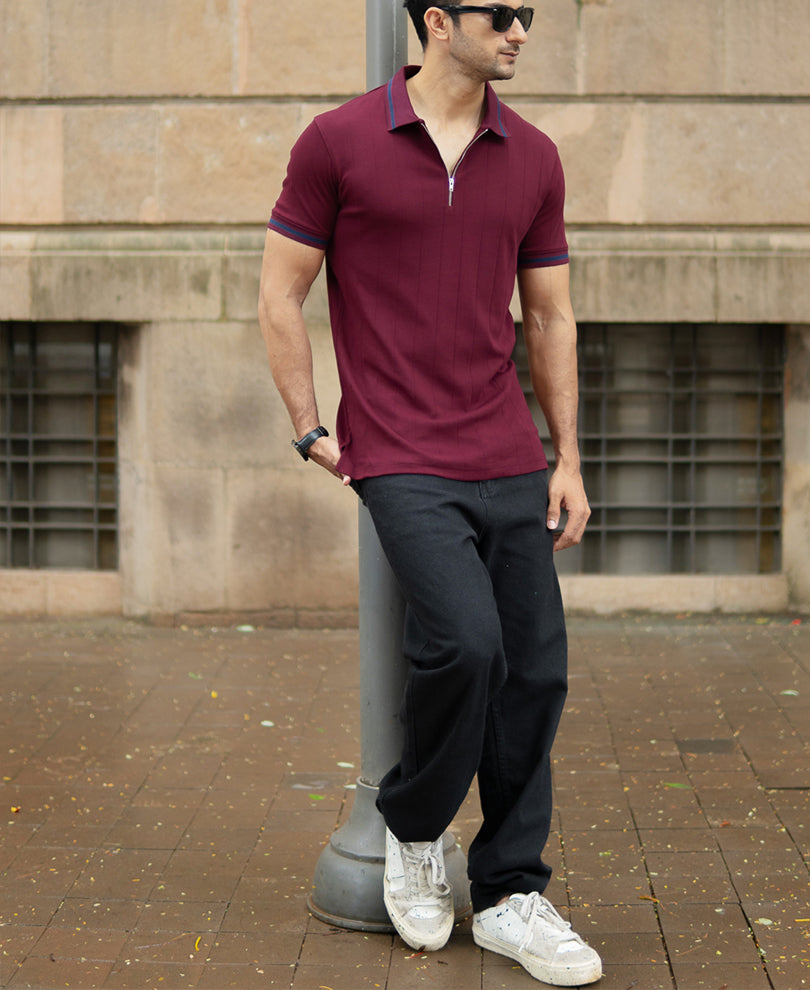 Maroon Knit Zipper T-Shirt