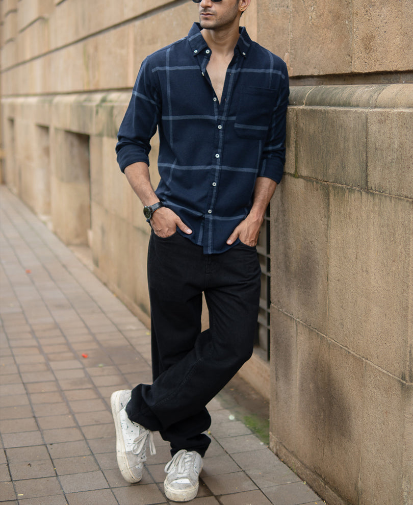 Dark Navy Brushed Checks Shirt
