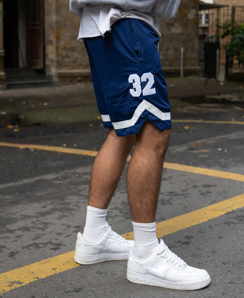Navy Embroidered Mesh Short