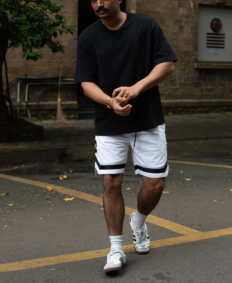 White Embroidered Mesh Basketball Shorts