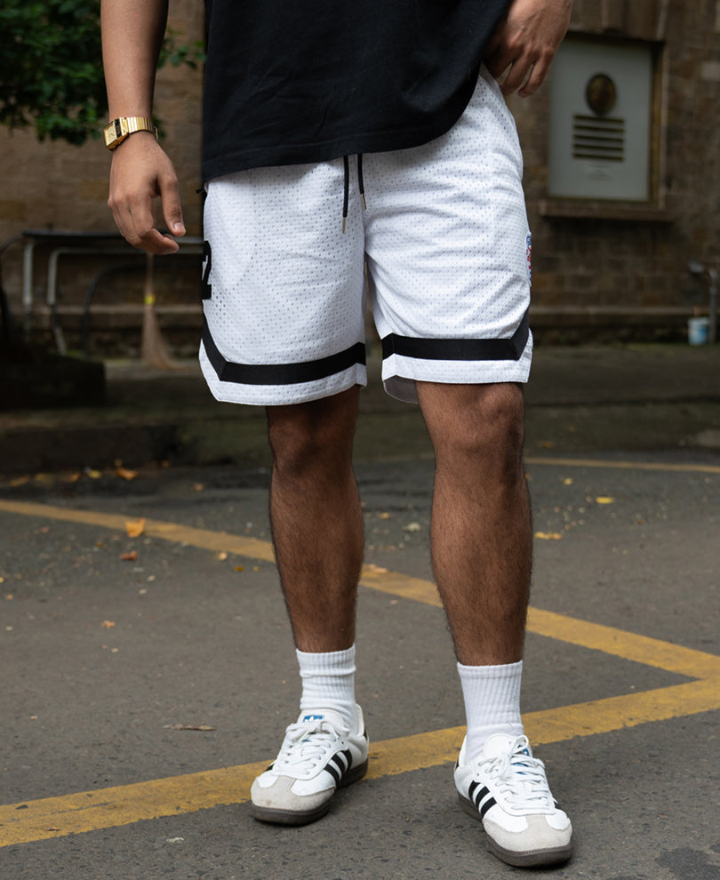White Embroidered Mesh Basketball Shorts