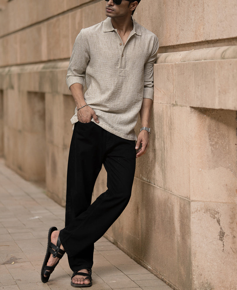 Light Beige Slub Kurta Shirt
