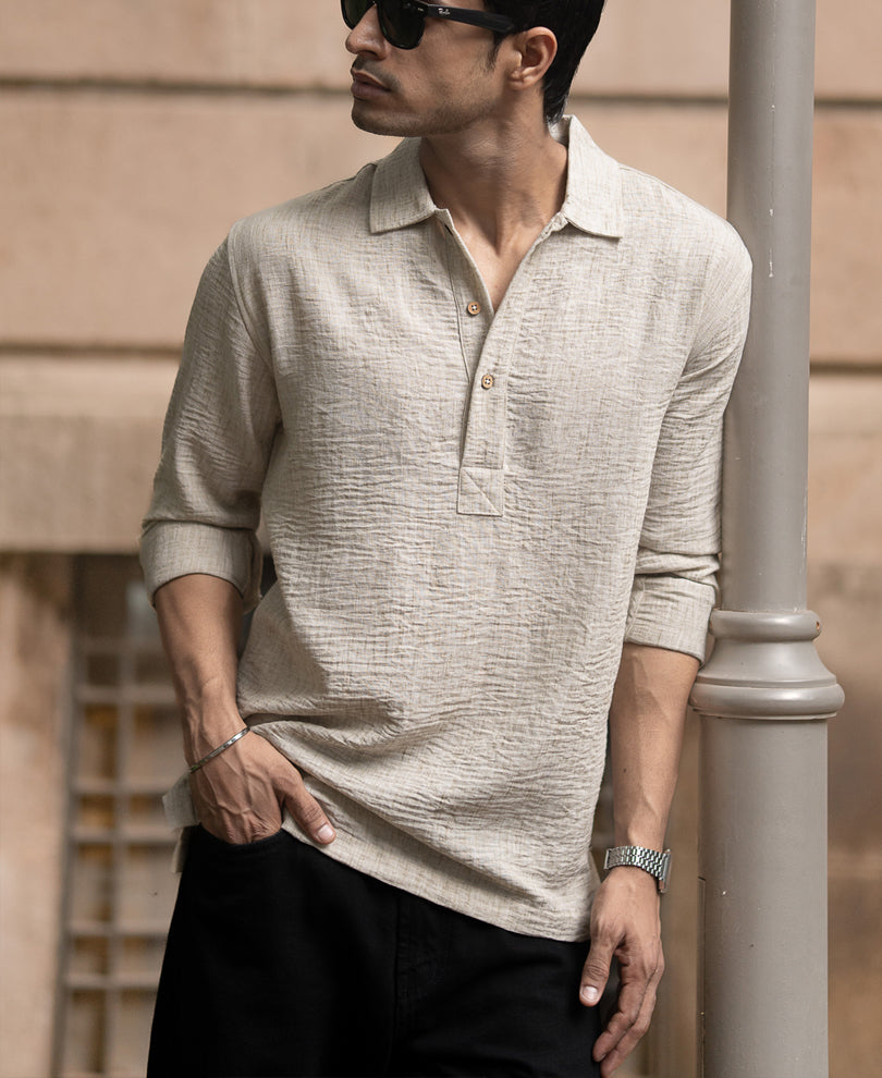 Light Beige Slub Kurta Shirt