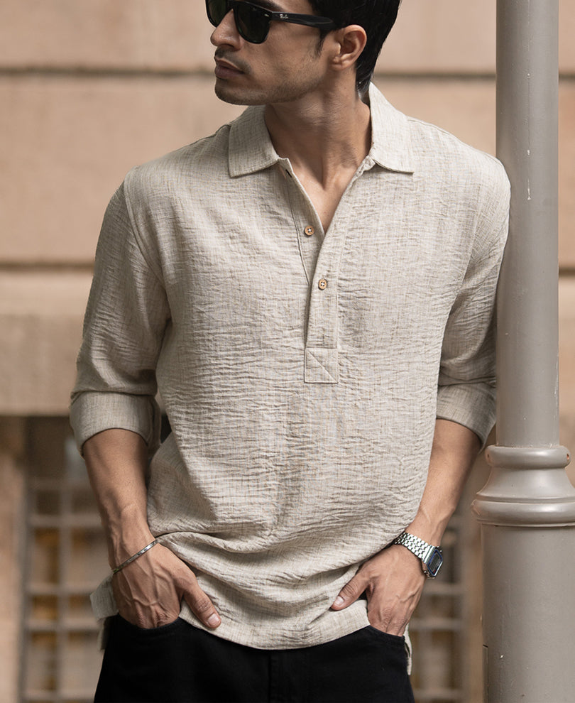 Light Beige Slub Kurta Shirt