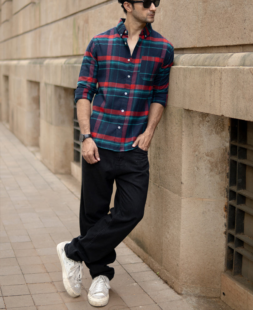 Navy Button Down Brushed Checks Shirt