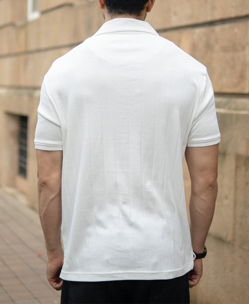 Off White Embroidered Zipper Polo T-Shirt