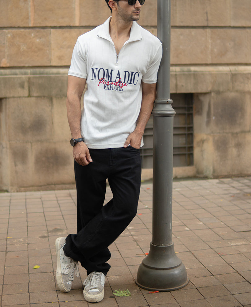 Off White Embroidered Zipper Polo T-Shirt