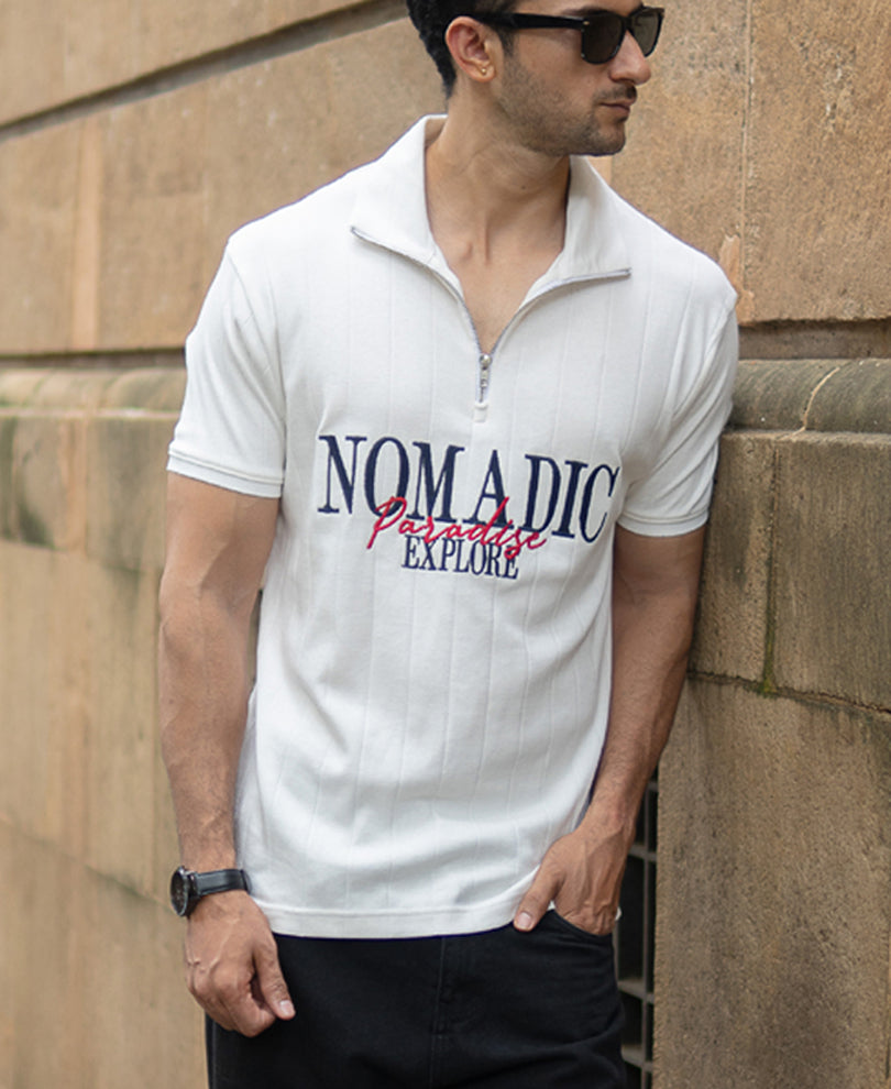 Off White Embroidered Zipper Polo T-Shirt