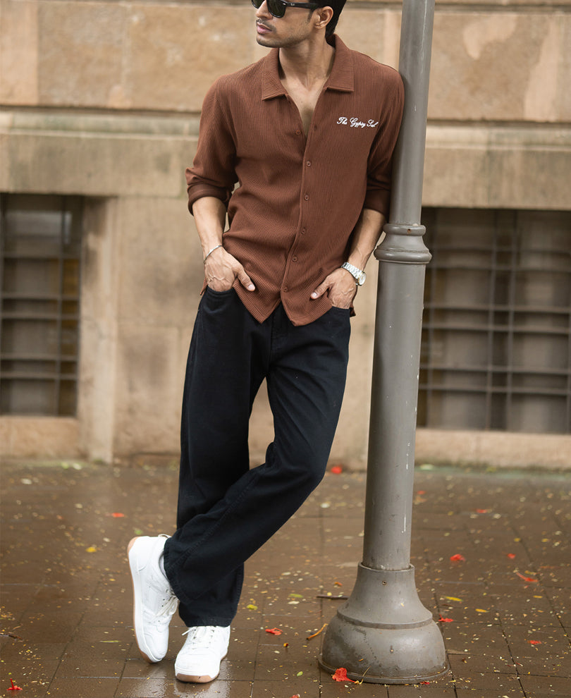 Brown Embroidered Knit Shirt