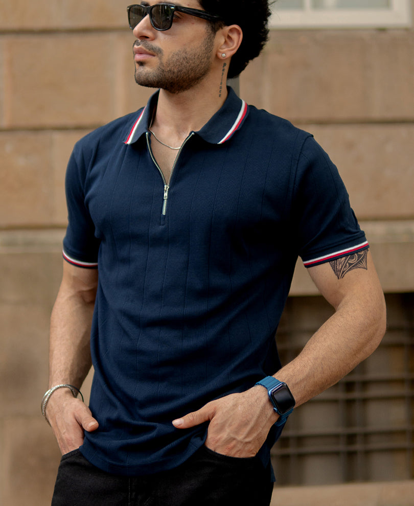 Navy Structured Zipper T-Shirt