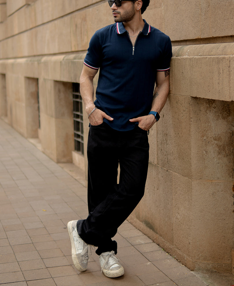 Navy Structured Zipper T-Shirt