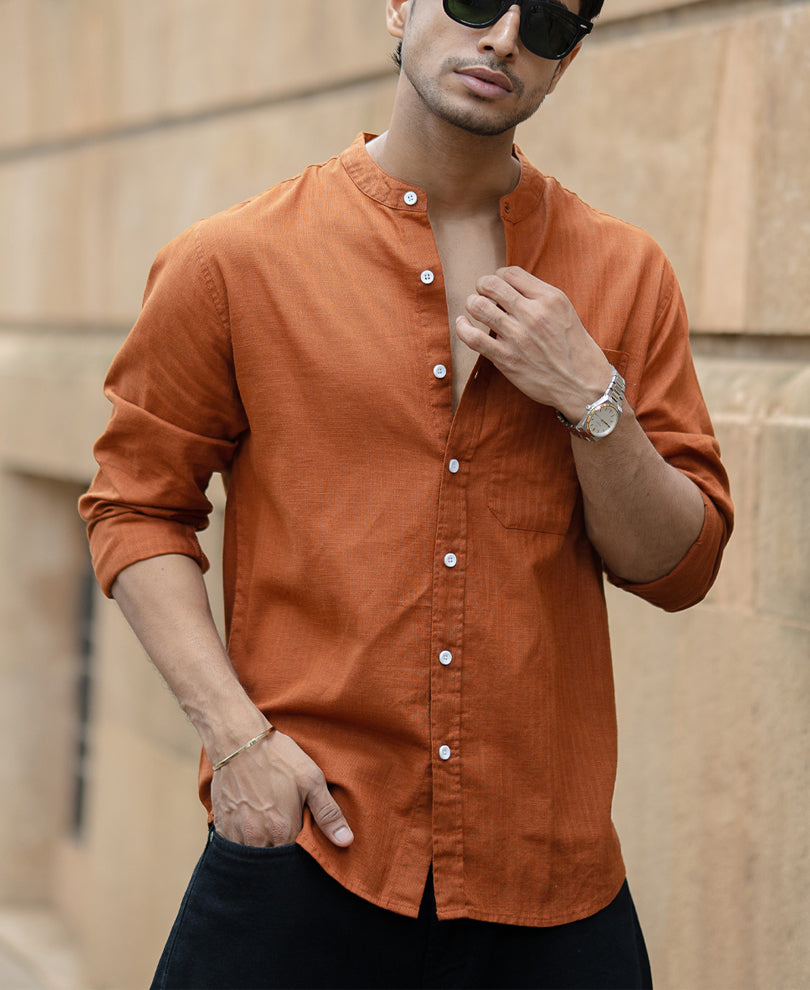 Brown Mandarin Collar Shirt