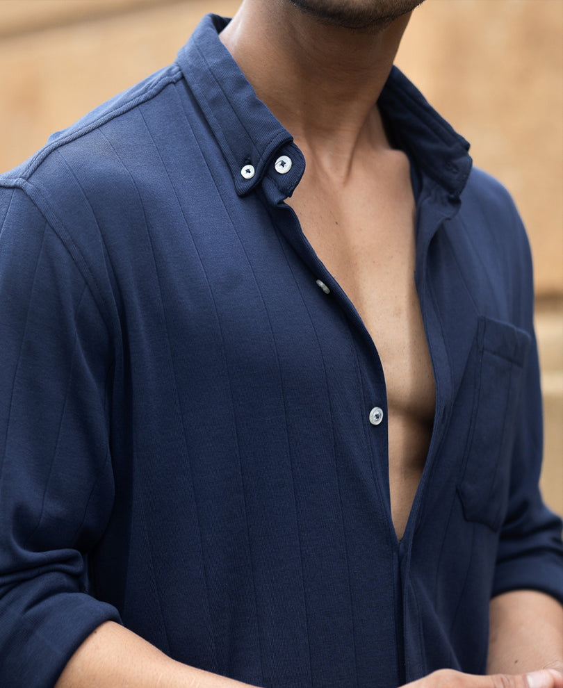 Navy Knitted Button Down Shirt