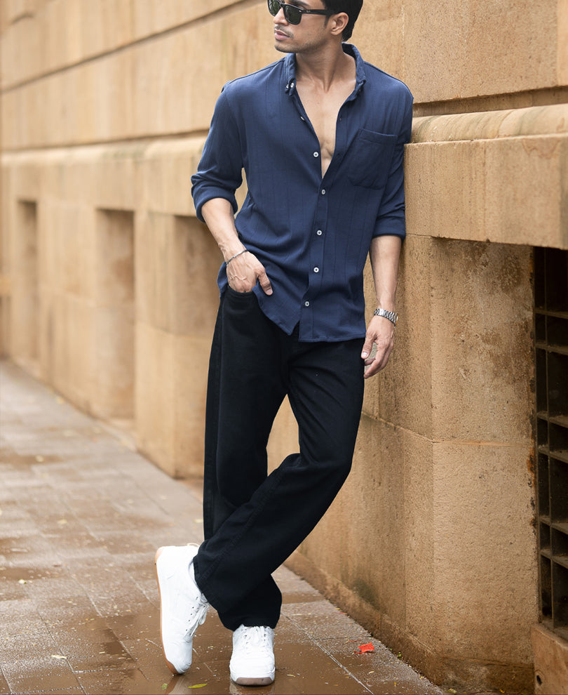 Navy Knitted Button Down Shirt