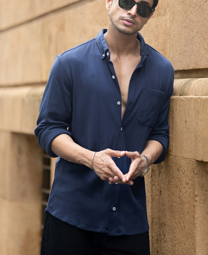 Navy Knitted Button Down Shirt