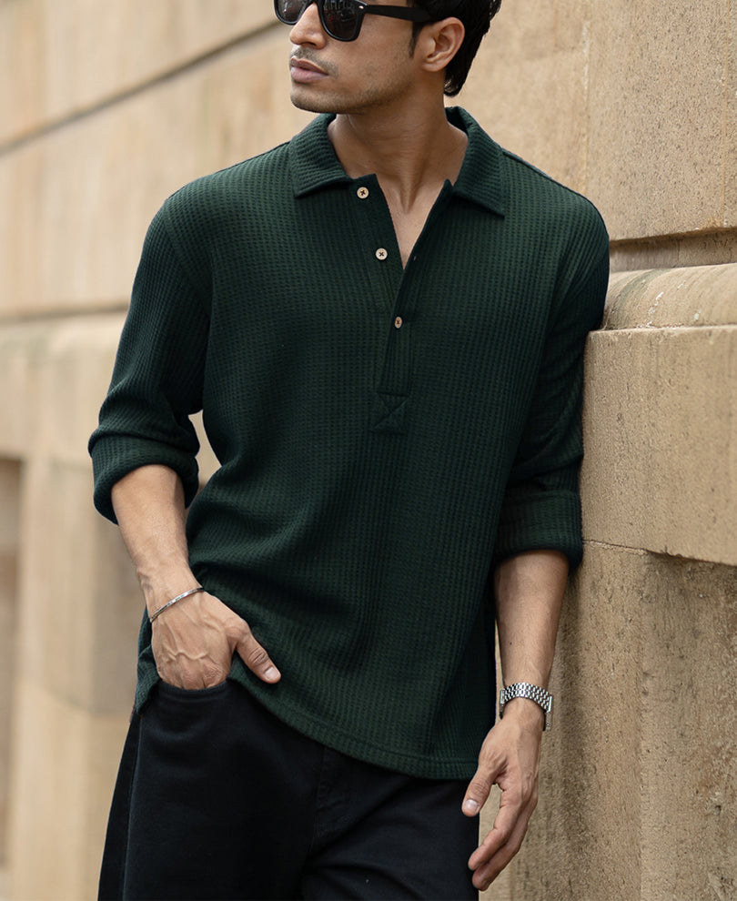 Pine Structured Knit Polo Shirt
