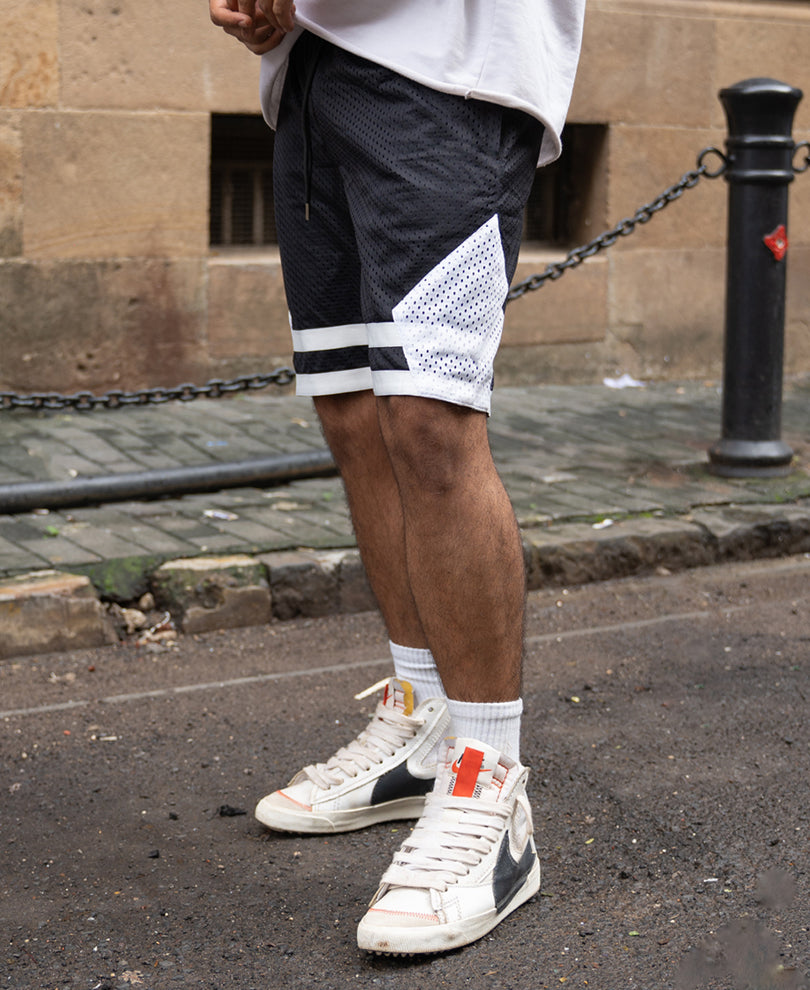 Black Contrast Embroidered Mesh Shorts