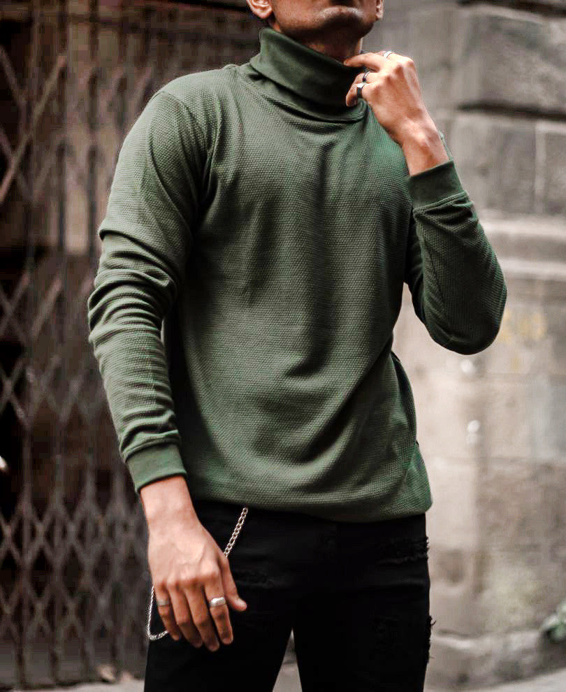 Olive Green Polo Neck Full Sleeves T Shirt