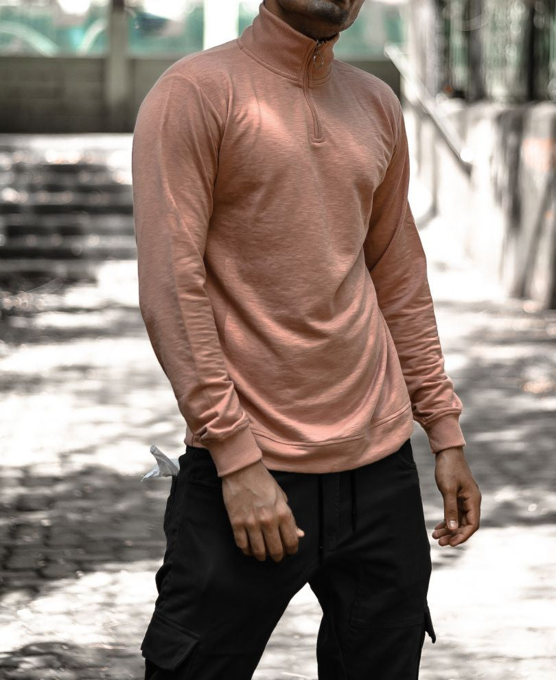 Plain Pink Turtle Neck With Zip Full Sleeves T Shirt