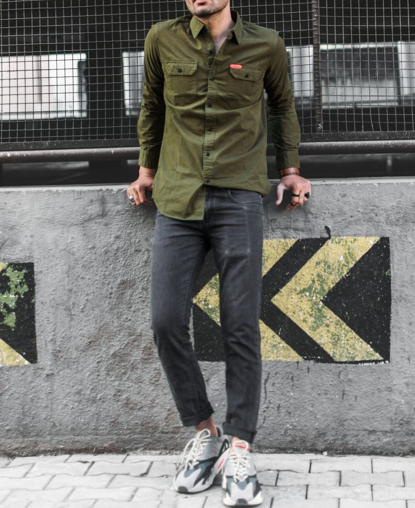 Urban Olive Green Plain Full Sleeves Shirt