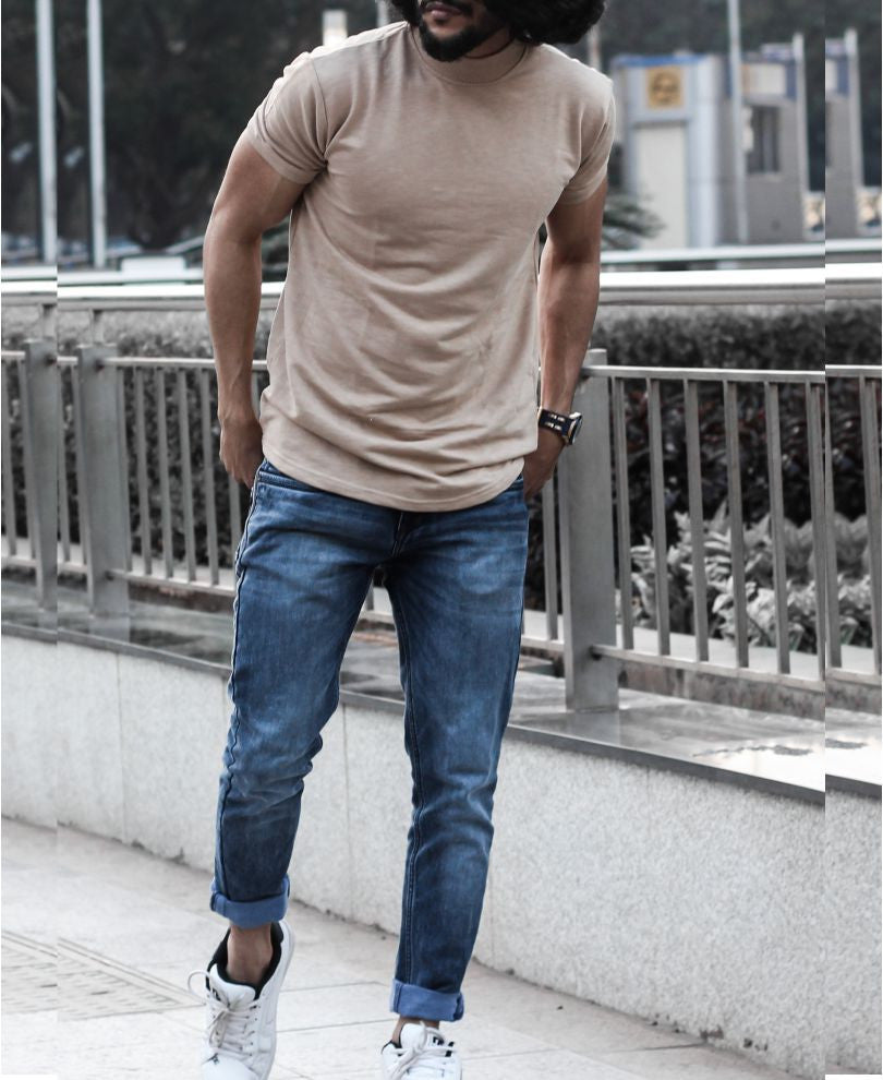 Beige High Neck Half Sleeves T Shirt