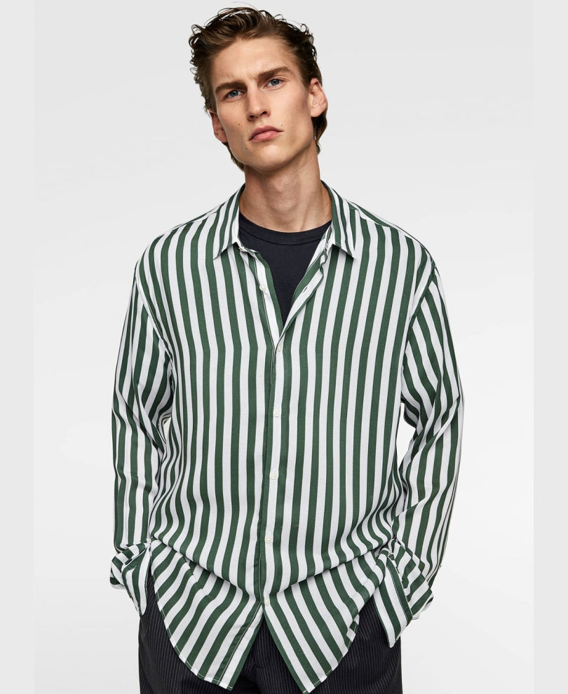 White And Green Vertical Stripes Shirt
