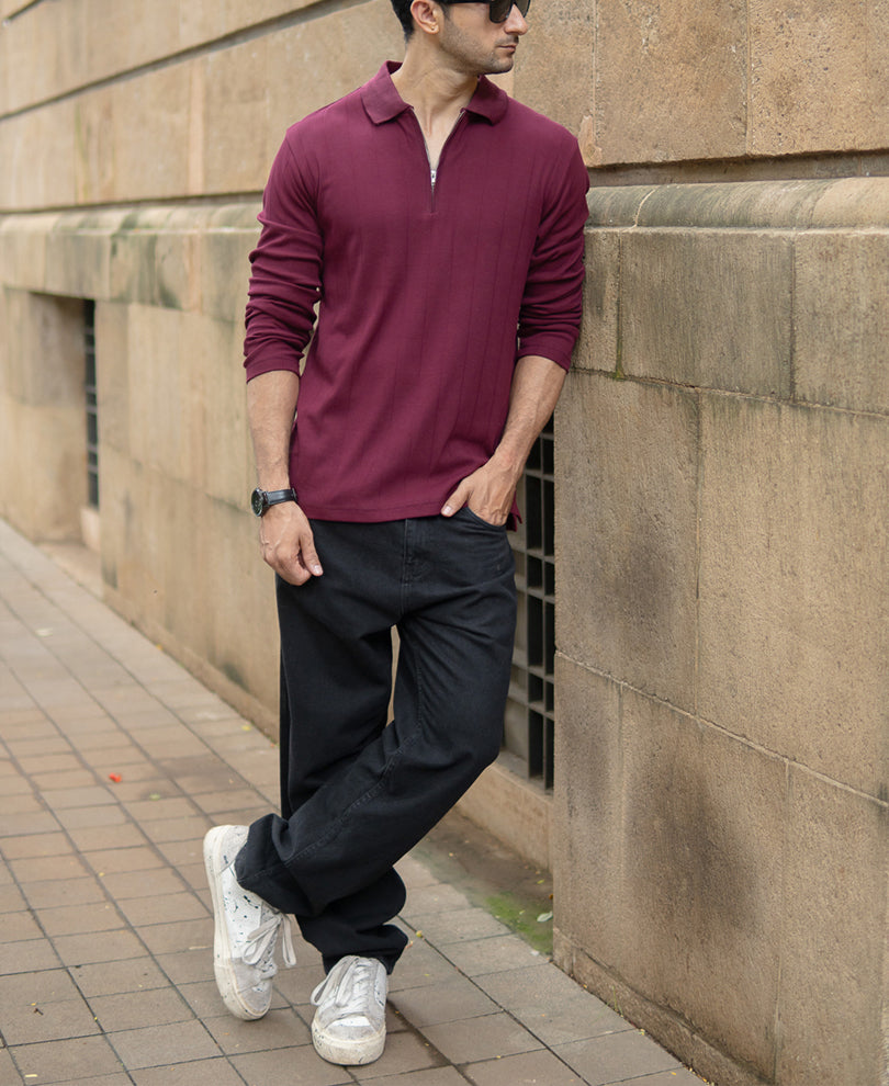 Wine Knitted Zipper Polo T-Shirt