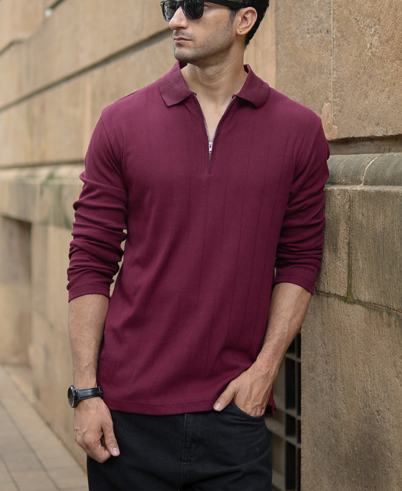 Wine Knitted Zipper Polo T-Shirt