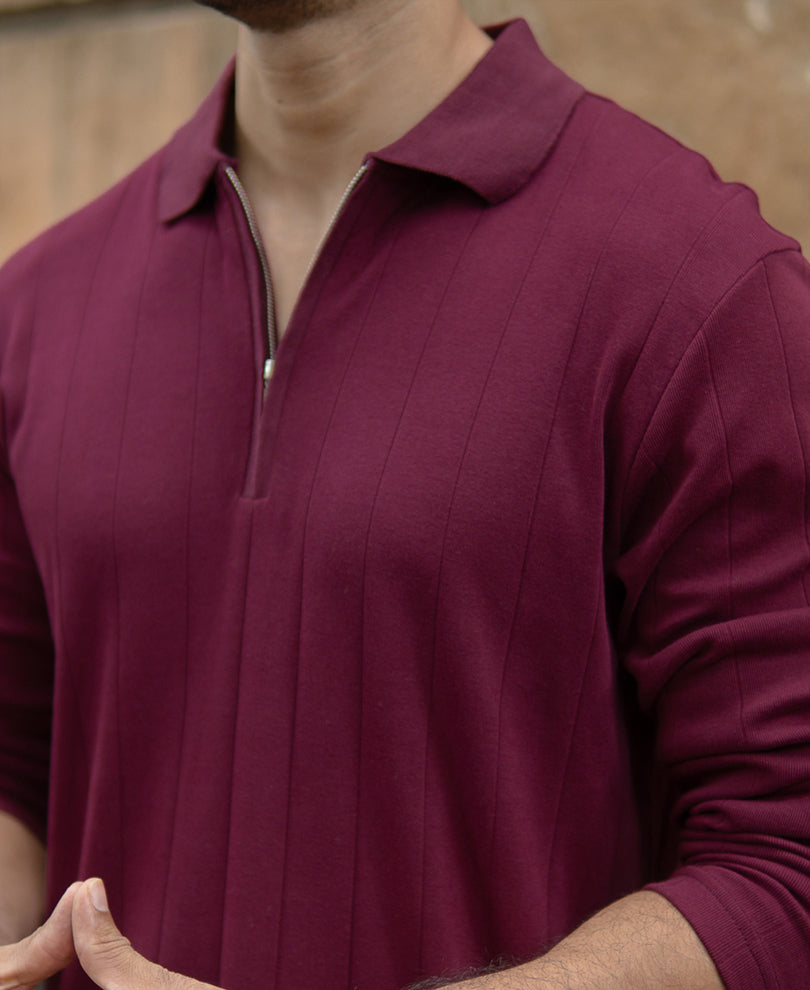 Wine Knitted Zipper Polo T-Shirt
