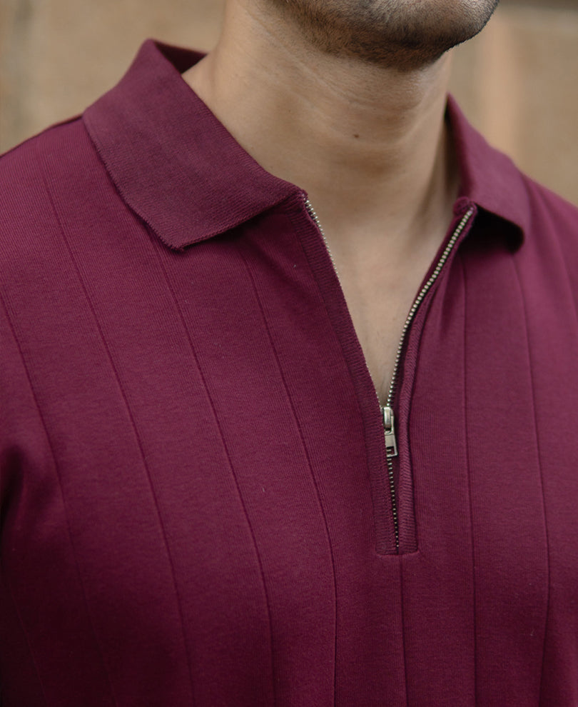 Wine Knitted Zipper Polo T-Shirt