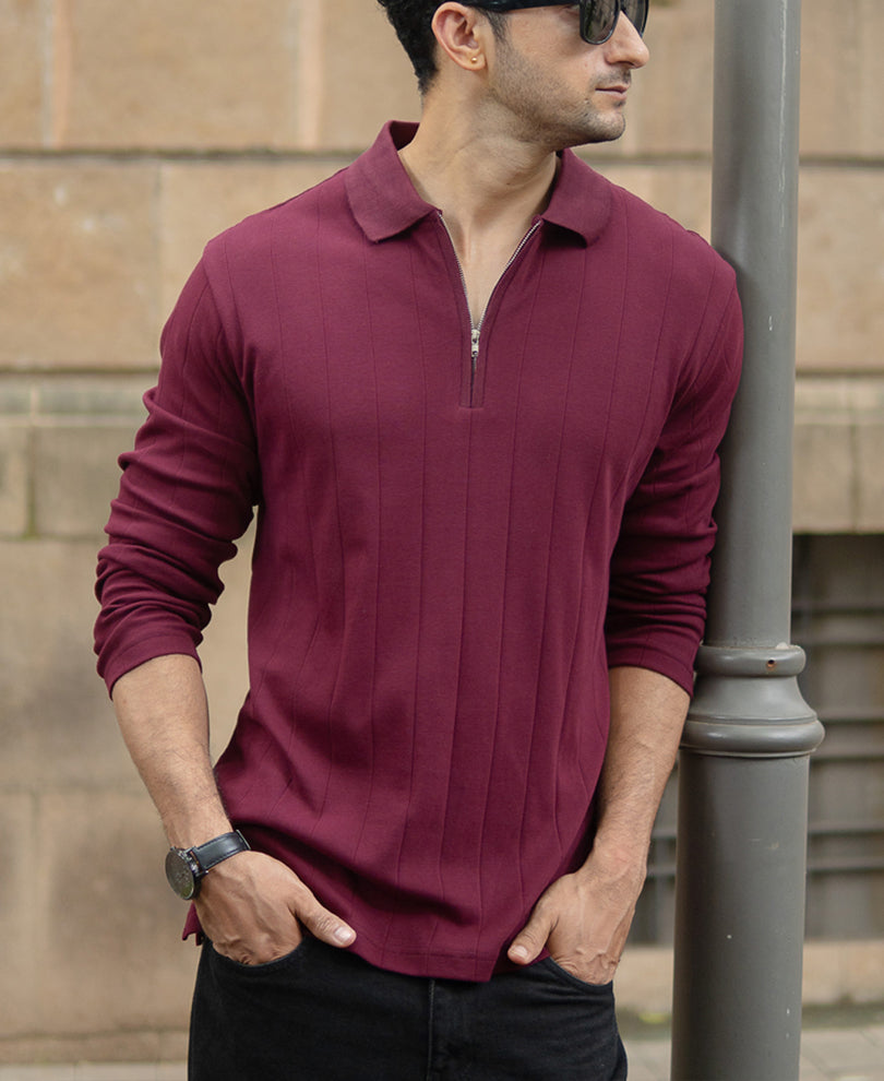 Wine Knitted Zipper Polo T-Shirt