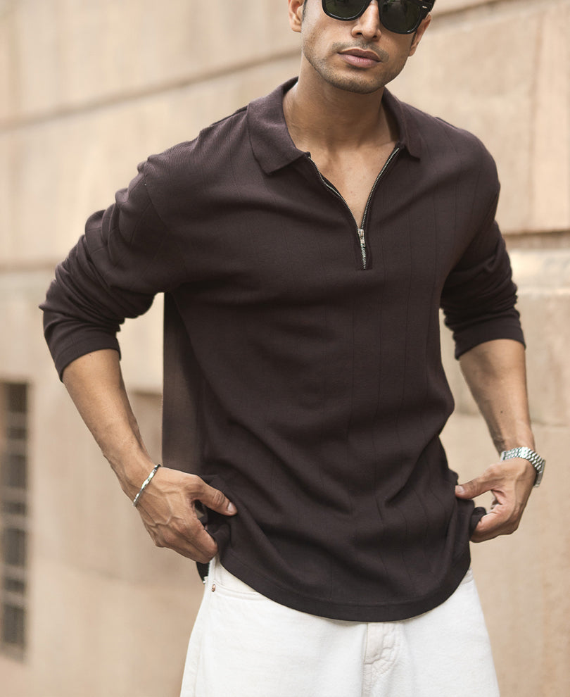 Dark Brown Knitted Zipper Polo T-Shirt