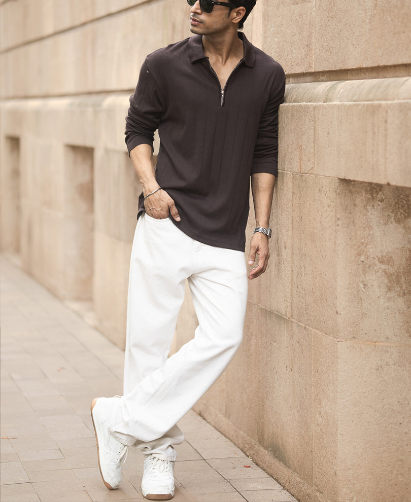 Dark Brown Knitted Zipper Polo T-Shirt