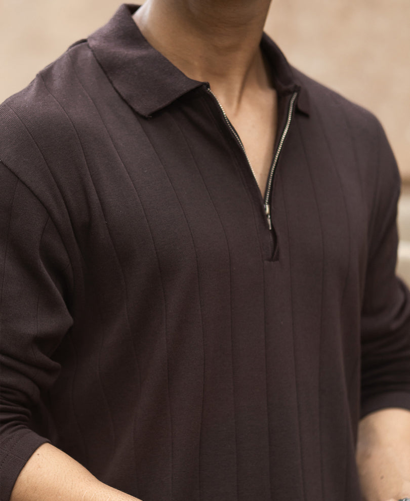 Dark Brown Knitted Zipper Polo T-Shirt
