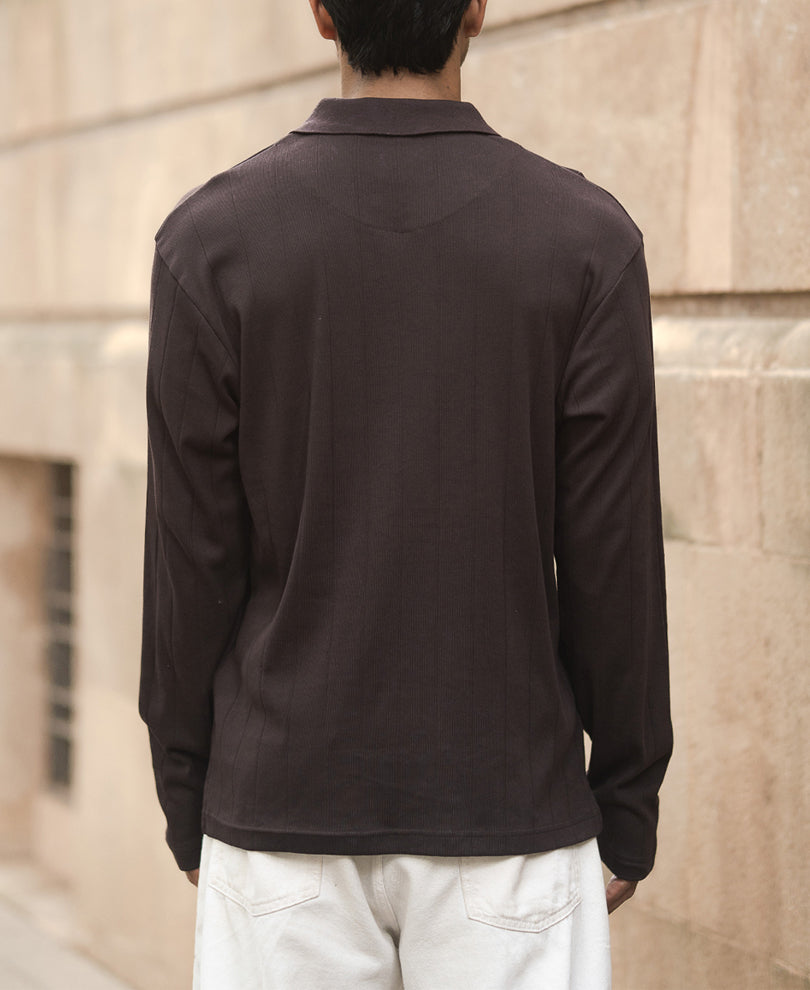Dark Brown Knitted Zipper Polo T-Shirt