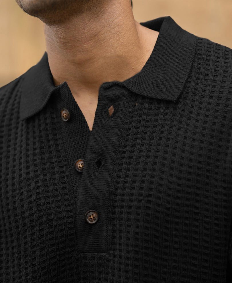 Black Structured Knit Polo T-Shirt