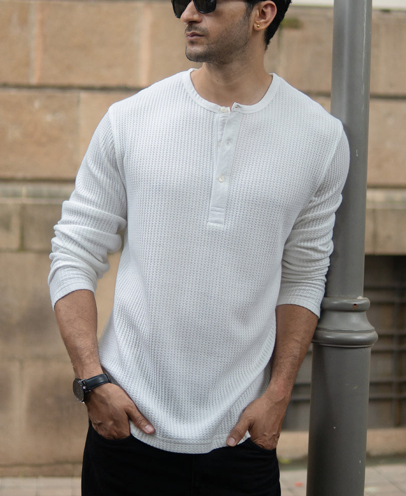 White Knitted Henley T-Shirt