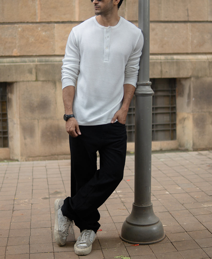 White Knitted Henley T-Shirt