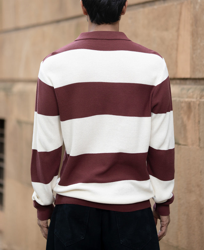 Brown Knit Striped Zipper T-Shirt