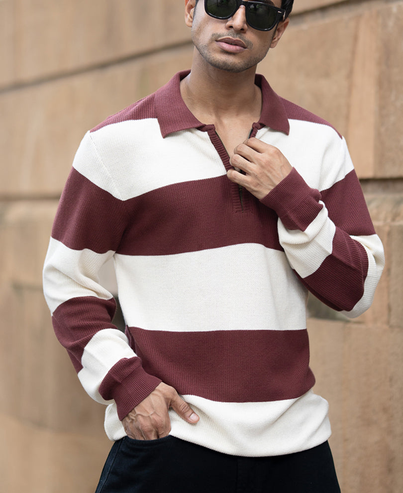 Brown Knit Striped Zipper T-Shirt