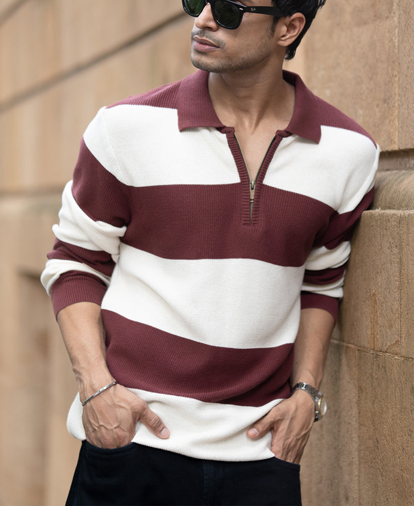 Brown Knit Striped Zipper T-Shirt
