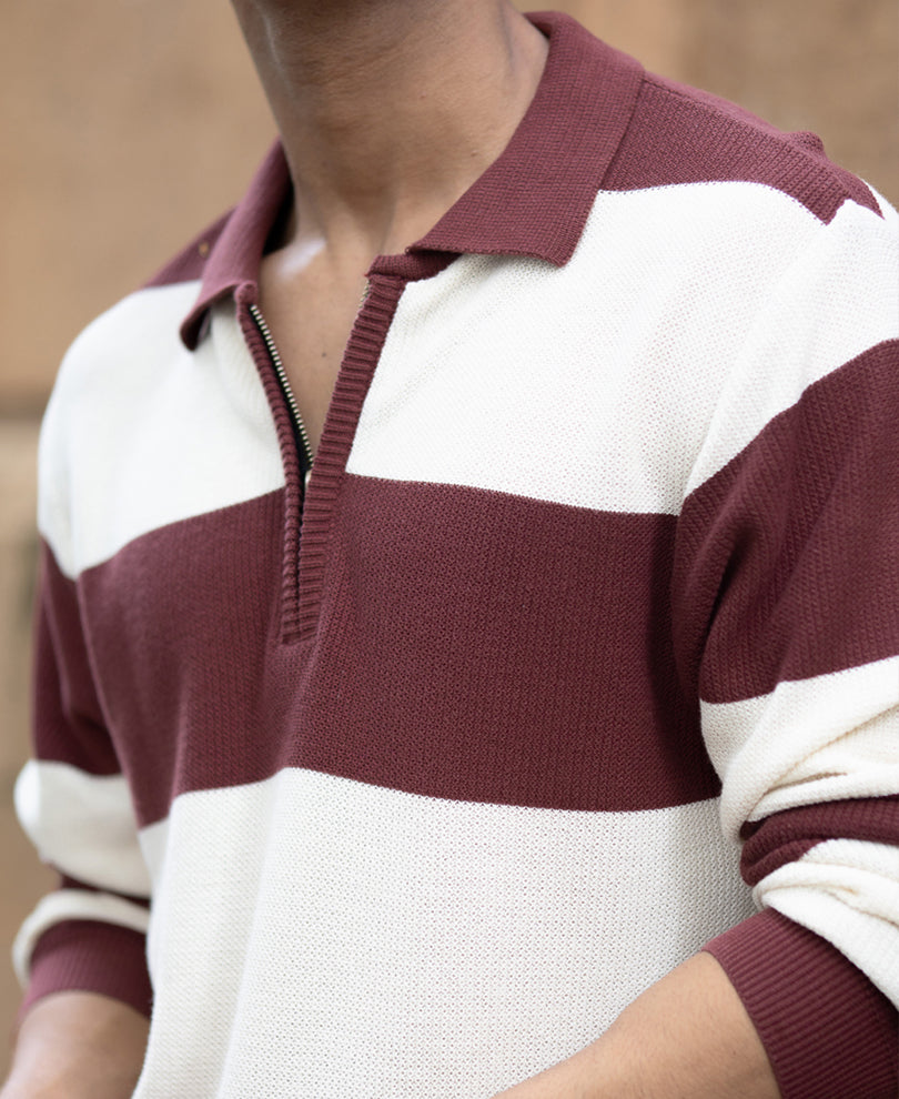 Brown Knit Striped Zipper T-Shirt