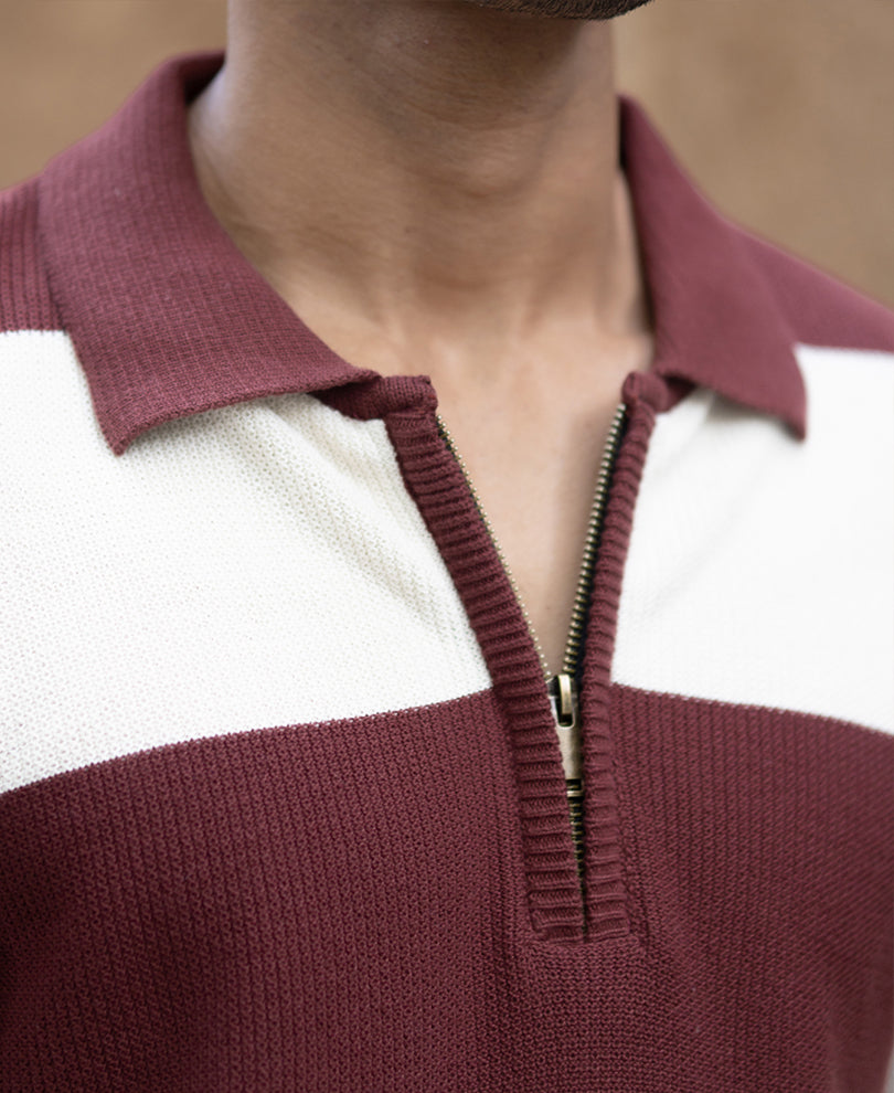 Brown Knit Striped Zipper T-Shirt