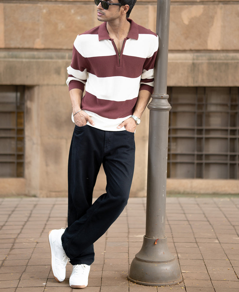 Brown Knit Striped Zipper T-Shirt