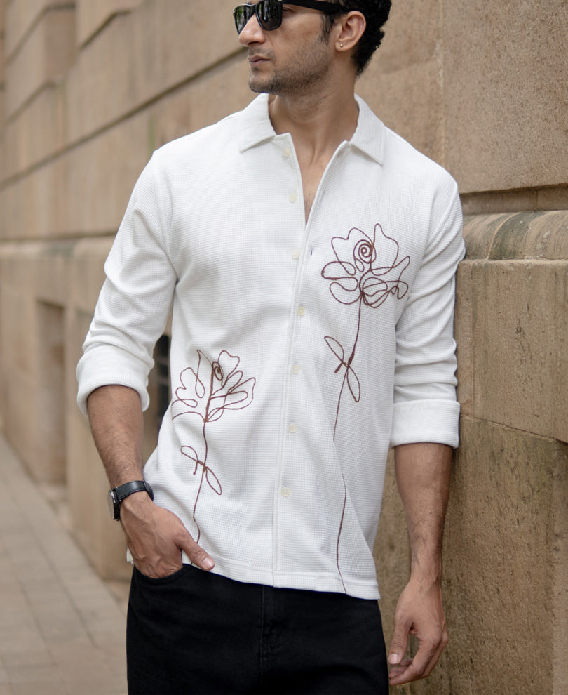 Off White Knitted Embroidery Shirt