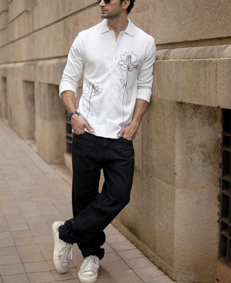 Off White Knitted Embroidery Shirt