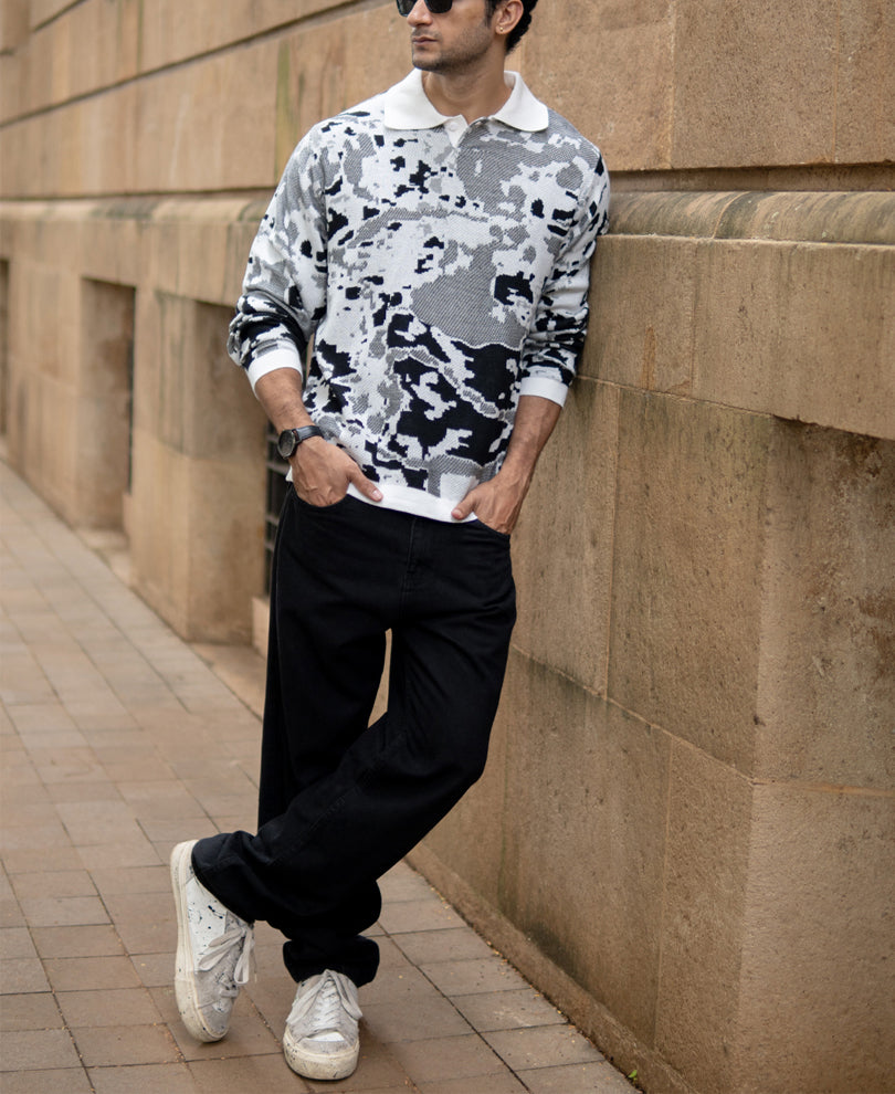 Grey Jacquard Knit T-Shirt