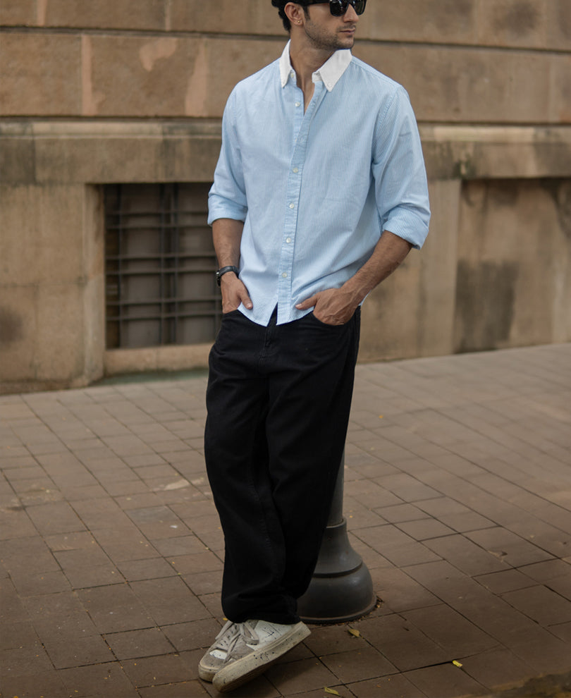 Blue Oxford Contrast Collar Stripe Shirt